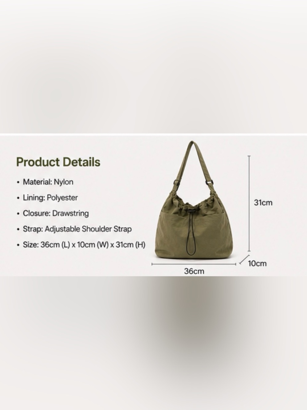 Nylon Olive Green Drawstring Shoulder Bag - Picture 6 of 6